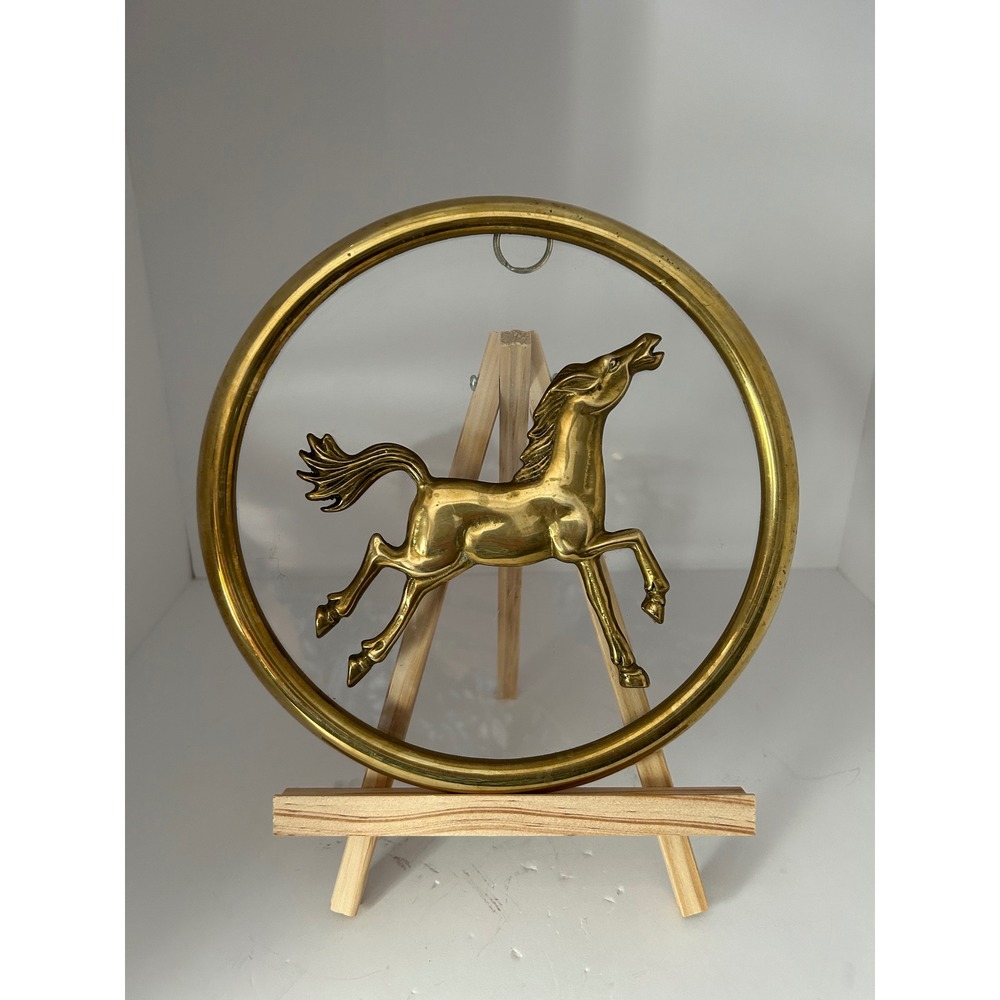 Vintage Brass Floating‎ Horse Wall Hanging Glass Round Frame Decor Taiwan 8.25"